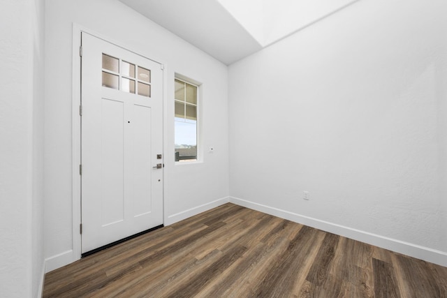 foyer entrance with baseboards and dark wood-type flooring