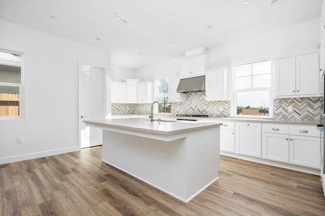 kitchen featuring under cabinet range hood, a sink, white cabinets, light countertops, and light wood finished floors