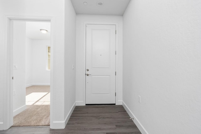 entryway featuring dark wood-type flooring and baseboards
