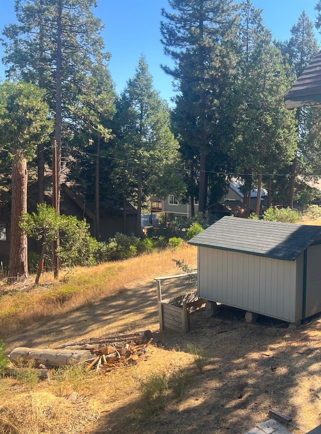 view of yard with a storage shed