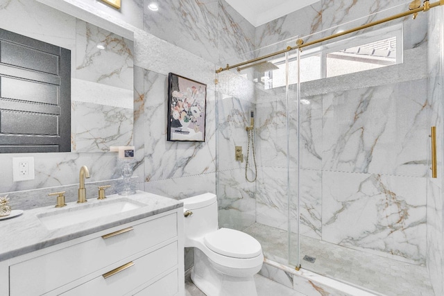 bathroom featuring vanity, tile walls, toilet, and a shower with door