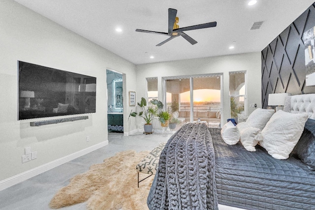 bedroom with connected bathroom and ceiling fan