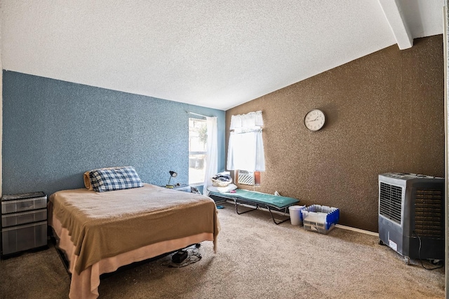 carpeted bedroom featuring a textured ceiling, lofted ceiling with beams, and heating unit