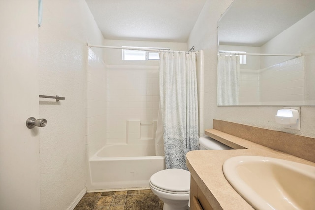 full bathroom featuring a textured ceiling, vanity, toilet, and shower / bath combination with curtain