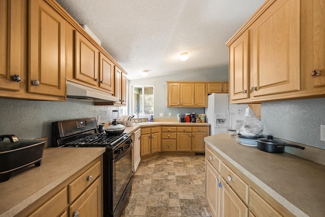 kitchen with vaulted ceiling, a textured ceiling, light brown cabinetry, gas stove, and sink