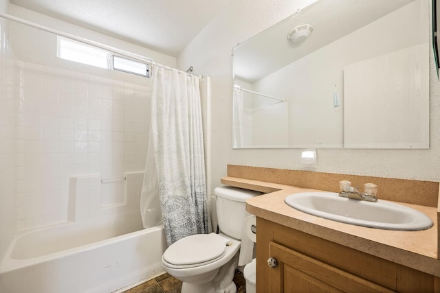 full bath featuring toilet, shower / bath combination with curtain, and vanity