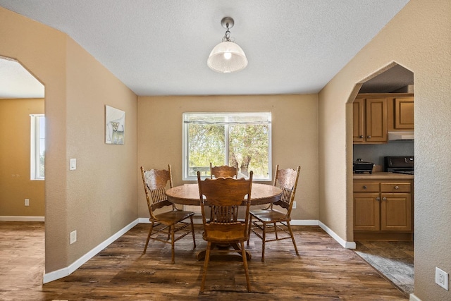 dining room featuring a textured ceiling and dark hardwood / wood-style flooring