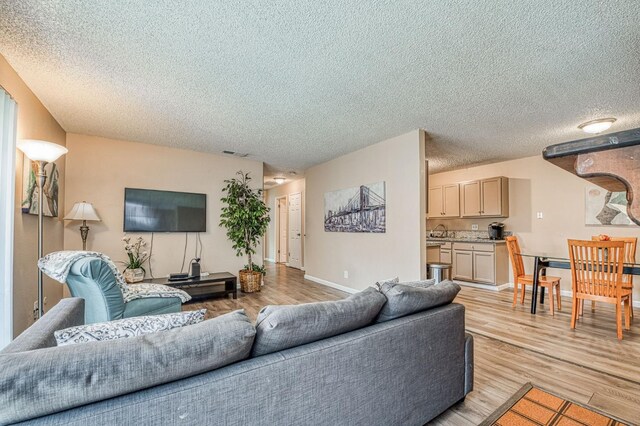 living room featuring a textured ceiling, light wood-type flooring, and sink