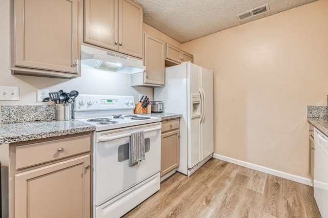 kitchen with visible vents, light wood-style flooring, a textured ceiling, white appliances, and under cabinet range hood