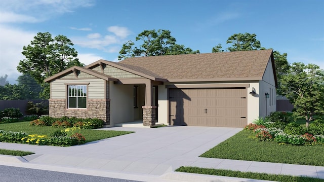 craftsman inspired home with a garage and a front lawn