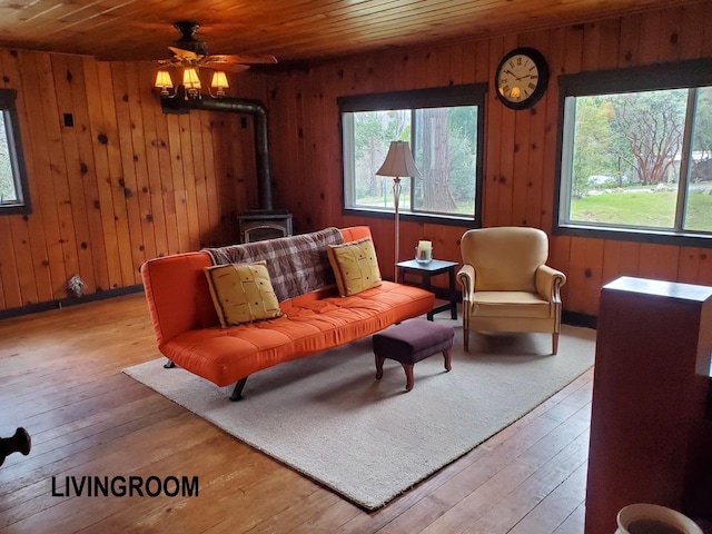 sitting room with wooden ceiling, a wood stove, and wood walls