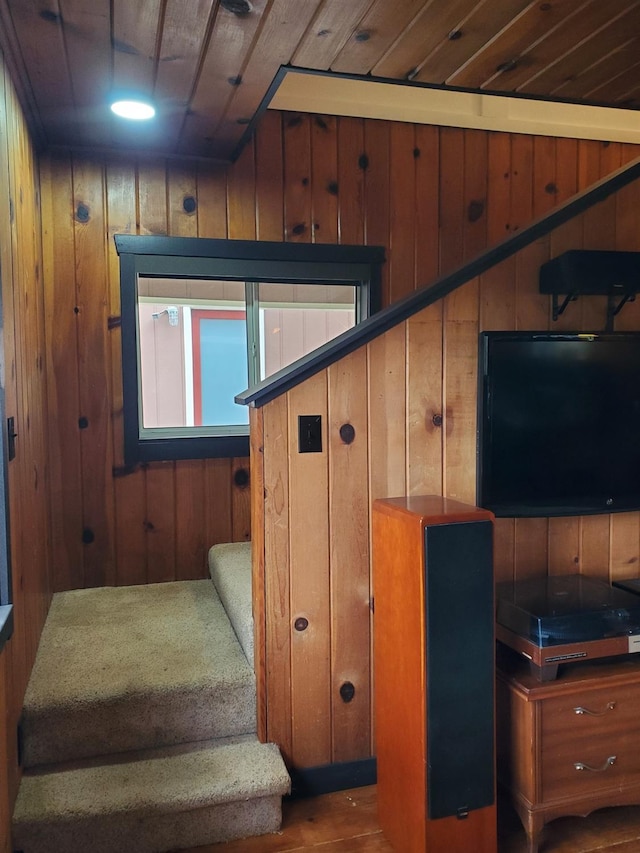 staircase with wood ceiling and wooden walls