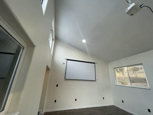 home theater featuring lofted ceiling and dark wood-type flooring