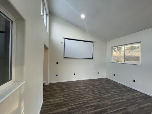 home theater room featuring high vaulted ceiling and dark wood-type flooring