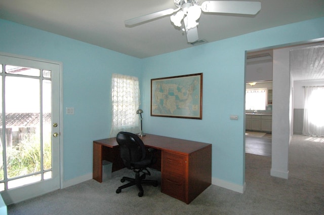 office area with light carpet and a healthy amount of sunlight