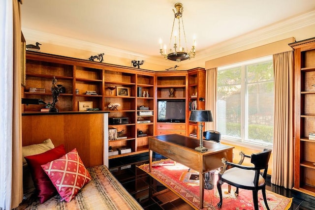 home office featuring a notable chandelier and crown molding