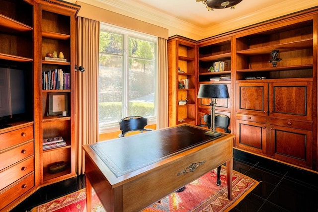 office space featuring crown molding and dark tile patterned flooring