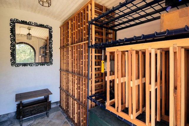 wine cellar featuring lofted ceiling