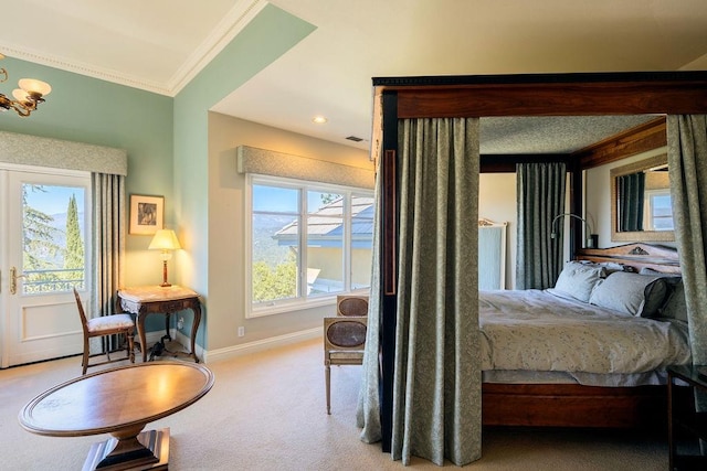 bedroom with light colored carpet and ornamental molding