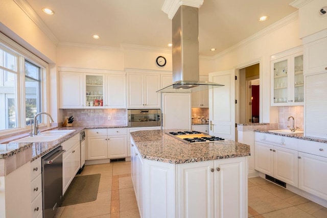 kitchen featuring a center island, stainless steel appliances, white cabinets, island range hood, and light tile patterned floors