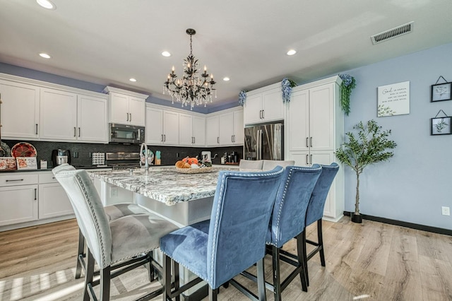 kitchen with hanging light fixtures, tasteful backsplash, a center island with sink, appliances with stainless steel finishes, and light wood-type flooring