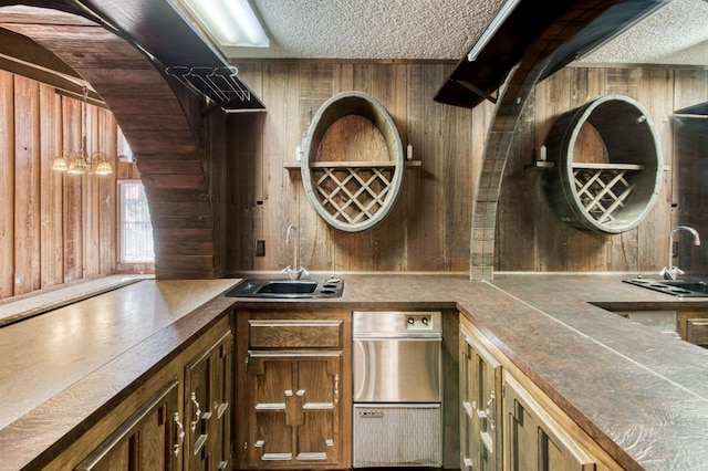 kitchen featuring wood walls, sink, and a textured ceiling