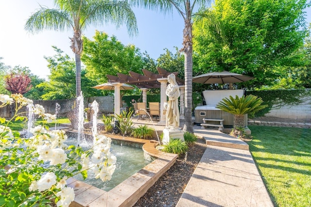 surrounding community featuring a lawn and a pergola