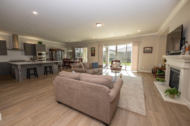 living room featuring ornamental molding, sink, and light hardwood / wood-style floors