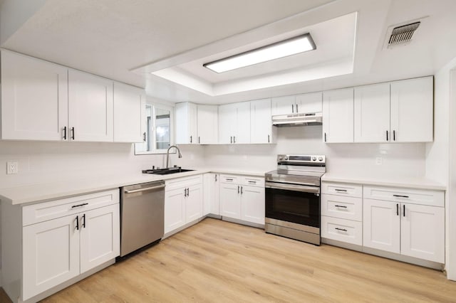 kitchen with a raised ceiling, sink, light hardwood / wood-style flooring, white cabinetry, and stainless steel appliances