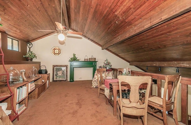 1531 E Avila, Tulare, CA 93274 - sitting room featuring vaulted ceiling with beams, ceiling fan, carpet, and wood ceiling