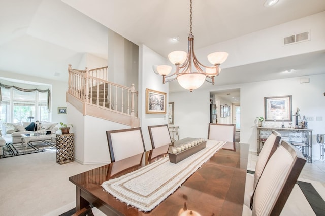 dining room with visible vents, recessed lighting, a chandelier, and stairs