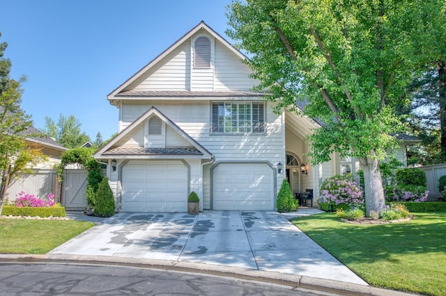 traditional-style house featuring fence, a front lawn, a gate, an attached garage, and driveway