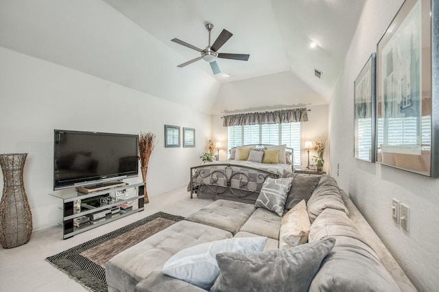 carpeted bedroom featuring visible vents, a ceiling fan, and lofted ceiling