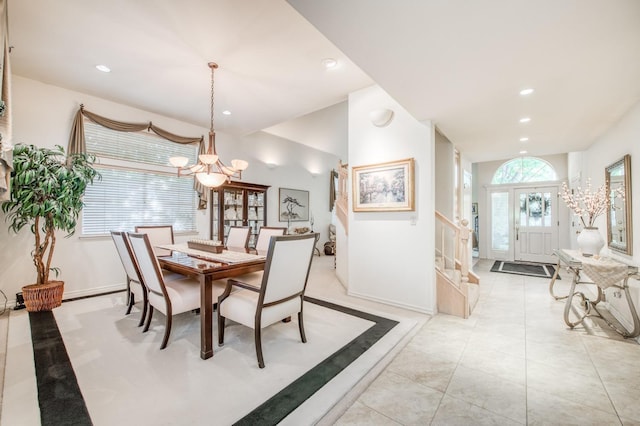 dining room with recessed lighting, stairway, a notable chandelier, and light tile patterned floors
