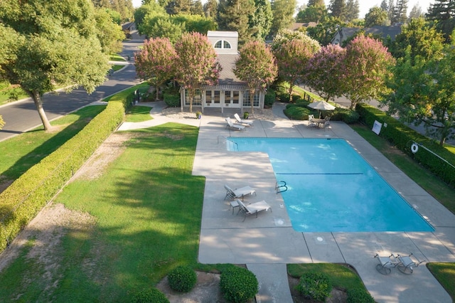 view of pool featuring a lawn and a patio area