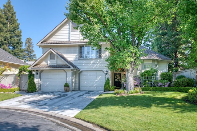 view of front of property featuring a front yard and a garage