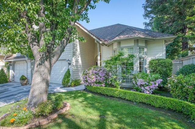 view of front of house with a front yard, a garage, and driveway