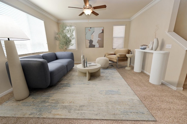 sitting room with crown molding, ceiling fan, and carpet floors