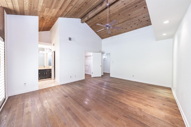 unfurnished living room with high vaulted ceiling, hardwood / wood-style flooring, ceiling fan, beamed ceiling, and wood ceiling