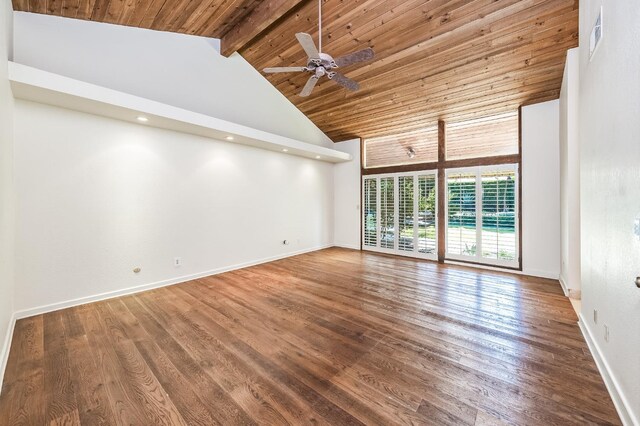 unfurnished room featuring wooden ceiling, high vaulted ceiling, baseboards, beamed ceiling, and wood finished floors