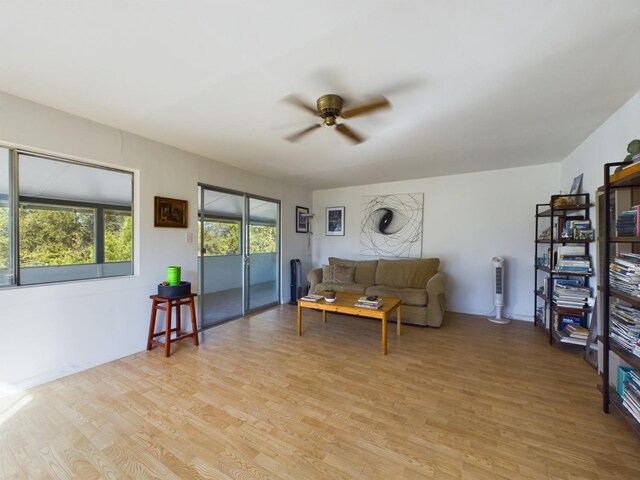 living room with ceiling fan and light hardwood / wood-style flooring