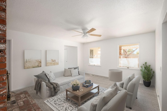 carpeted living room featuring ceiling fan and a textured ceiling