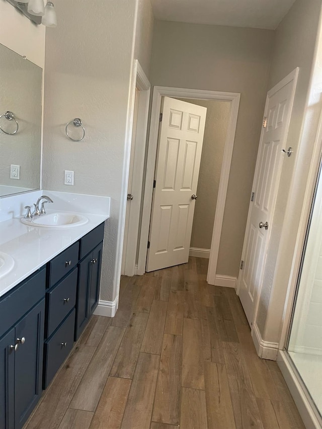 bathroom with hardwood / wood-style flooring, a shower with door, and vanity