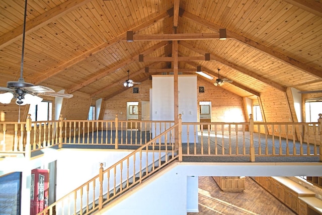 46149 Todd Eymann Rd, Miramonte, CA 93641 - interior space with wooden ceiling, lofted ceiling with beams, and an upstairs landing