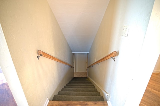 stairway with hardwood / wood-style floors