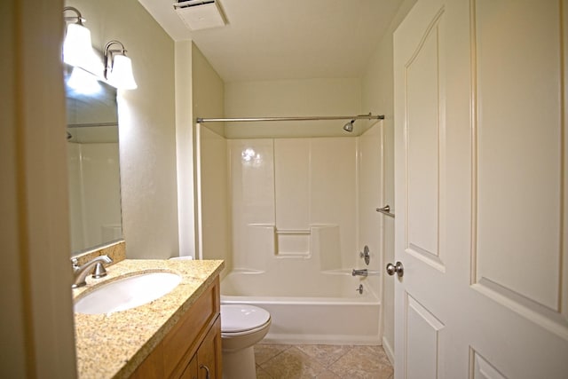 full bathroom featuring vanity, bathtub / shower combination, toilet, and tile patterned flooring