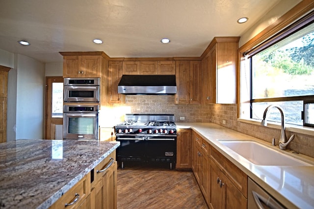 kitchen featuring sink, tasteful backsplash, light hardwood / wood-style flooring, exhaust hood, and appliances with stainless steel finishes