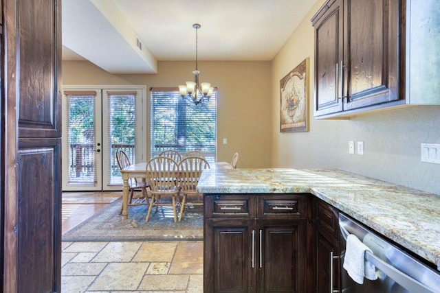 kitchen with light stone countertops, a notable chandelier, hanging light fixtures, dark brown cabinets, and dishwasher