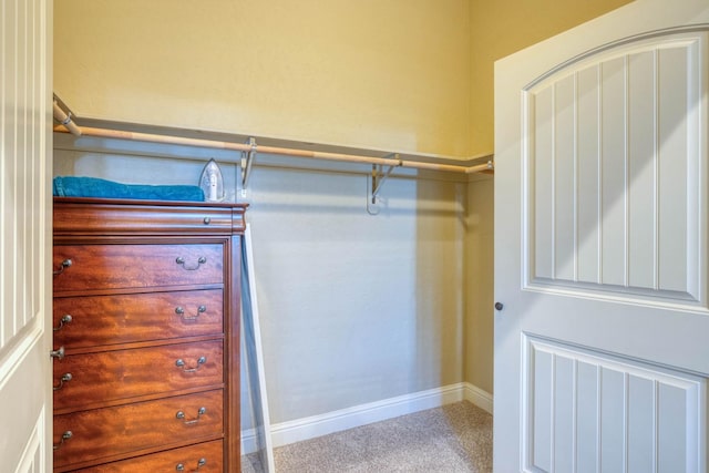 walk in closet featuring light colored carpet