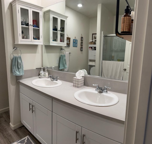 bathroom with vanity and wood-type flooring